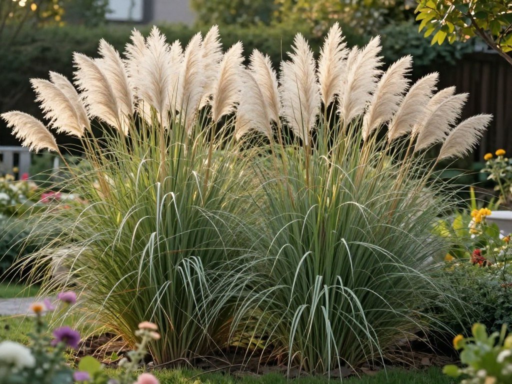 Tall ornamental grasses creating a soft privacy screen in a backyard Tall ornamental grasses creating a soft privacy screen in a backyard