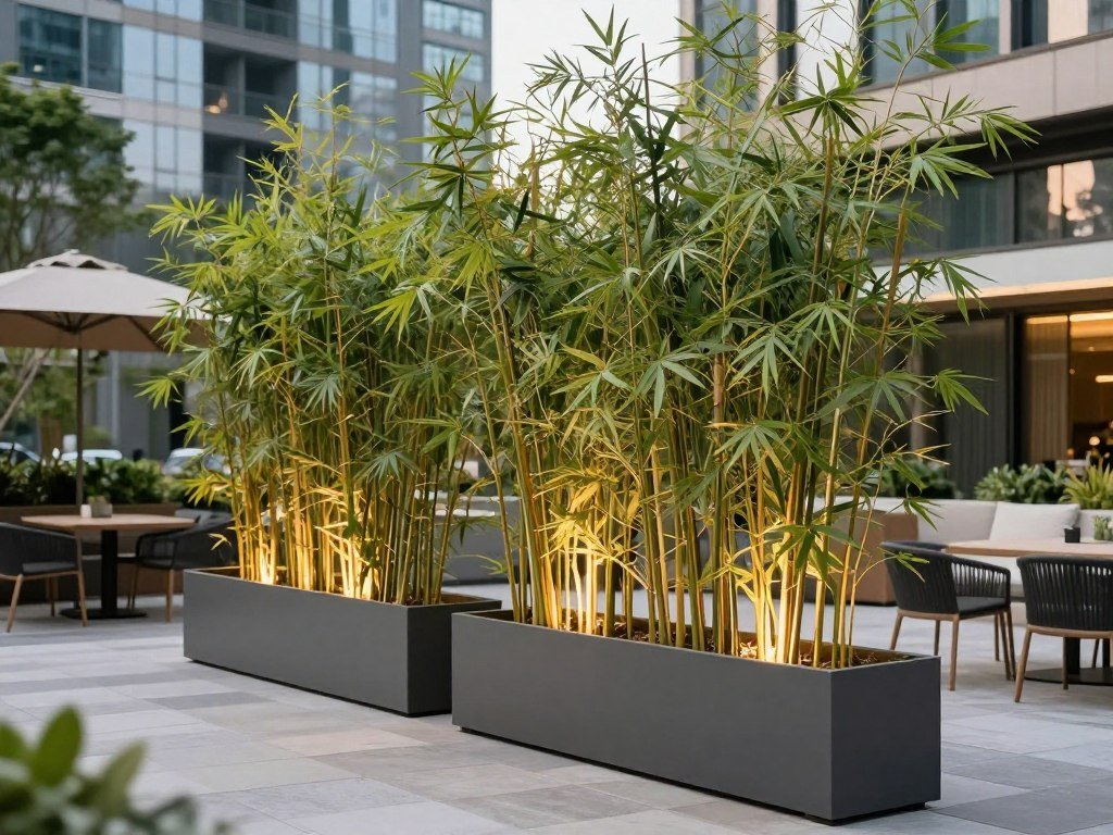 Tall potted bamboo plants creating privacy on a modern patio with outdoor furniture Tall potted bamboo plants creating privacy on a modern patio with outdoor furniture