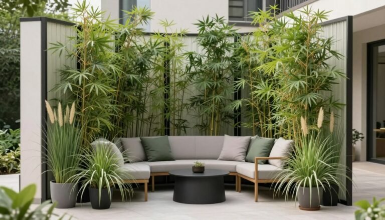 Tall potted plants creating a natural privacy screen on a patio with comfortable seating
