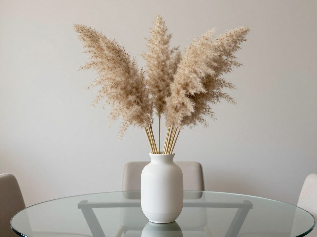 Tall vase with pampas grass on glass dining table creating height and texture