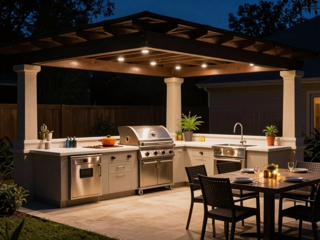 Task lighting illuminating outdoor kitchen and dining area for functionality Task lighting illuminating outdoor kitchen and dining area for functionality