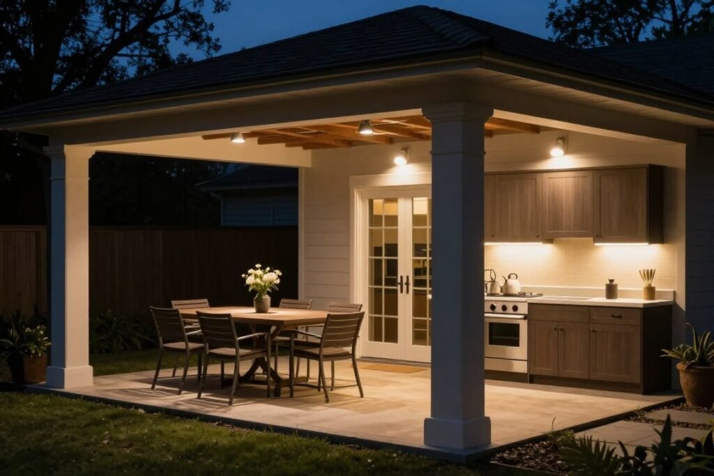 Task lighting over outdoor kitchen and dining area