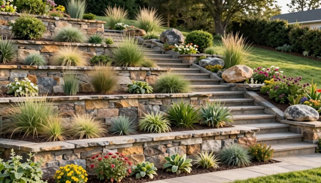Terraced front yard with retaining walls made of natural stone, planted with drought-resistant shrubs and ornamental grasses