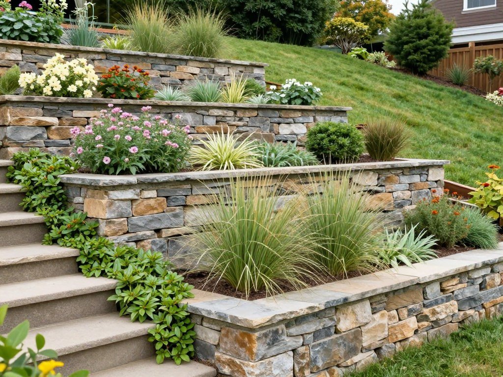 Terraced garden with stone retaining walls and integrated plantings on a sloped yard