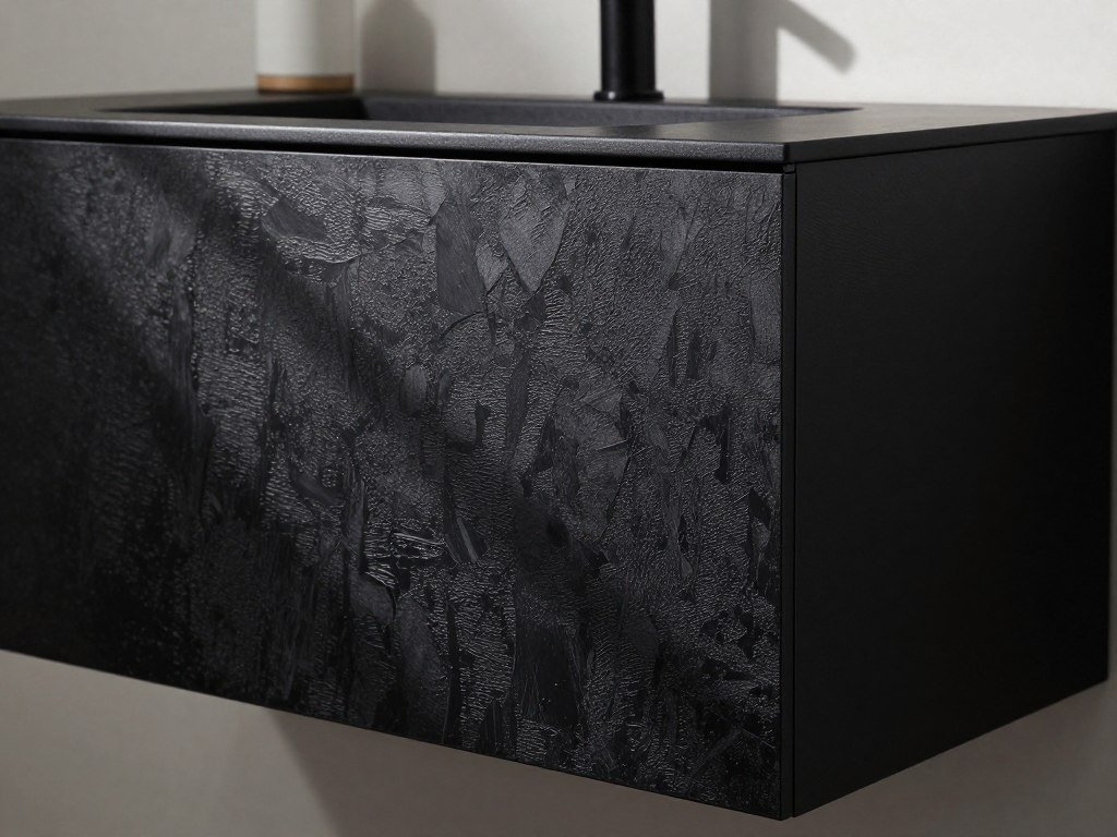 Textured black bathroom vanity with dimensional surface treatment