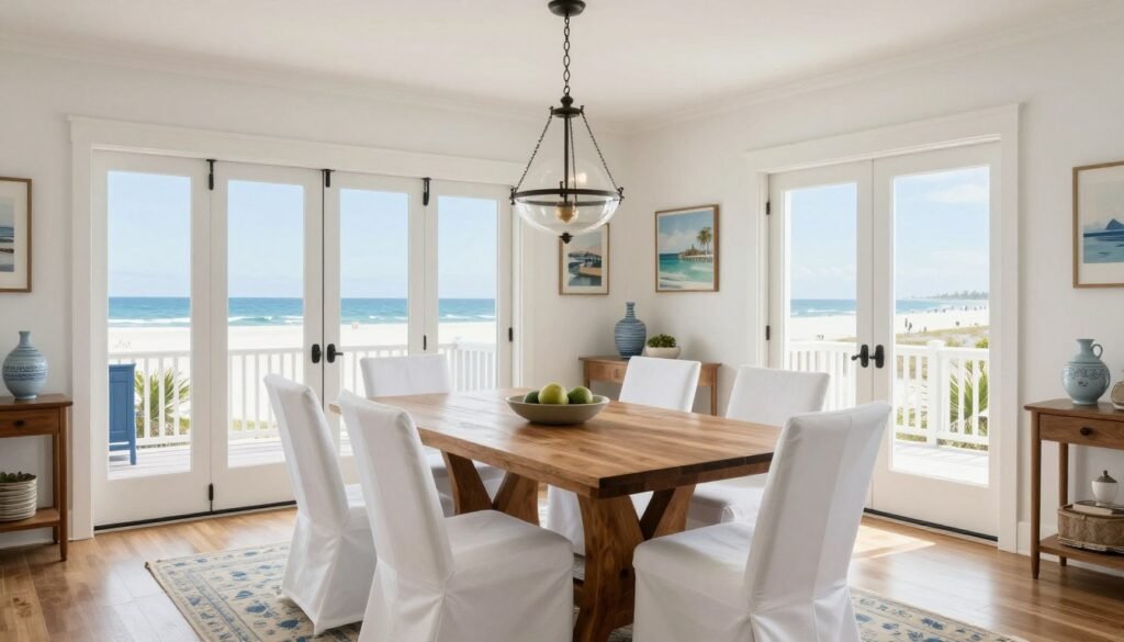 The iconic dining room from Something's Gotta Give with white slipcovered chairs and ocean views