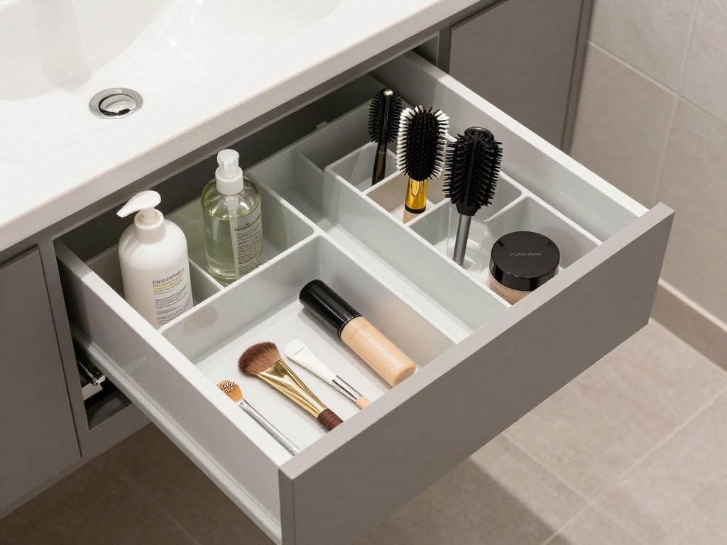 The interior of bathroom vanity drawers showing custom organizers for makeup, hair tools, and toiletries