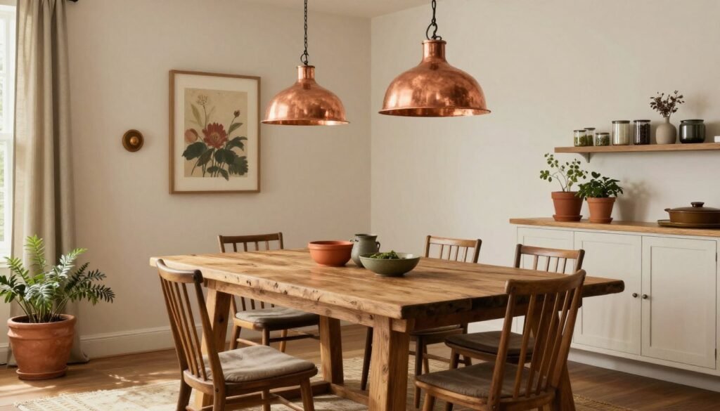The warm, rustic dining room from It's Complicated with copper accents