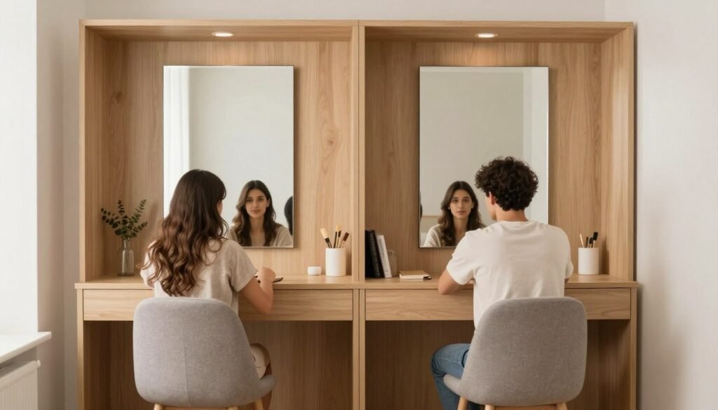 Thoughtfully designed shared vanity with dual stations, personalized storage, and harmonious design