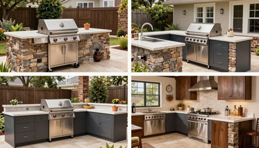 Three different backyard kitchens representing budget, mid-range, and luxury options