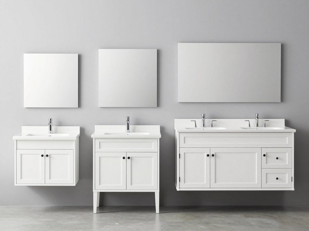 Three different sized white bathroom vanities shown side by side for comparison