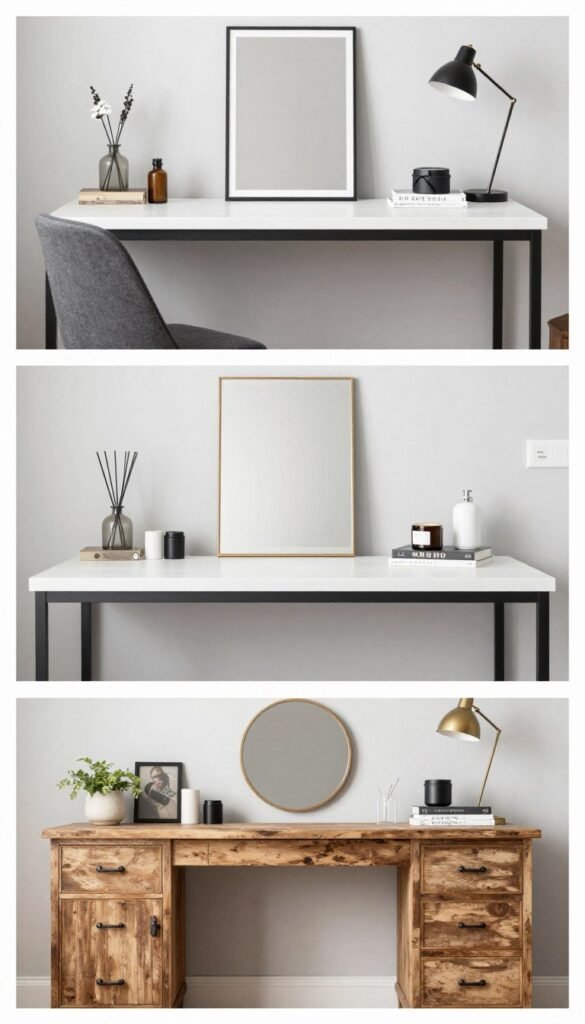 Three different style options for desk and vanity combos: modern, glam, and rustic