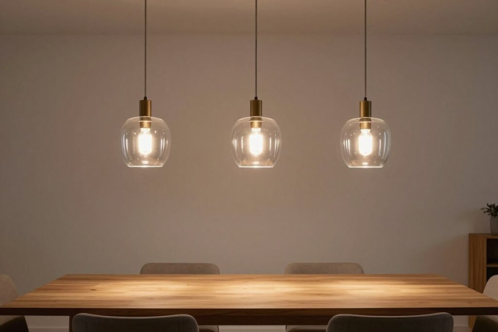 Three glass pendant lights hanging in a row over a long dining table, providing focused illumination