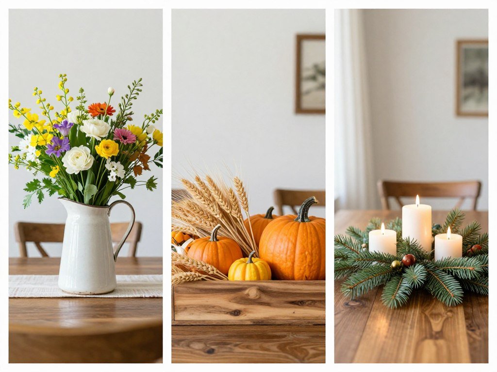 Three seasonal centerpiece ideas for a farmhouse dining table showing spring, fall, and winter arrangements