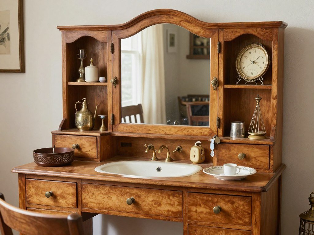 Thrifted vanity inspo showing secondhand treasures styled beautifully