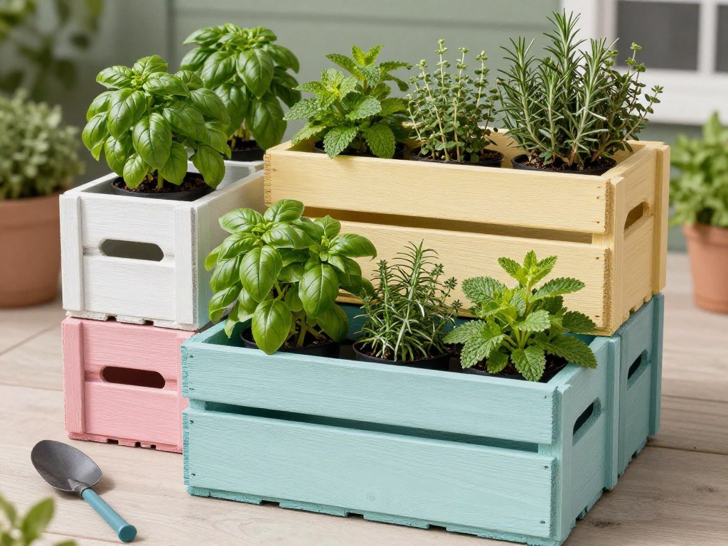 Tiered herb garden made from wooden crates with various herbs planted
