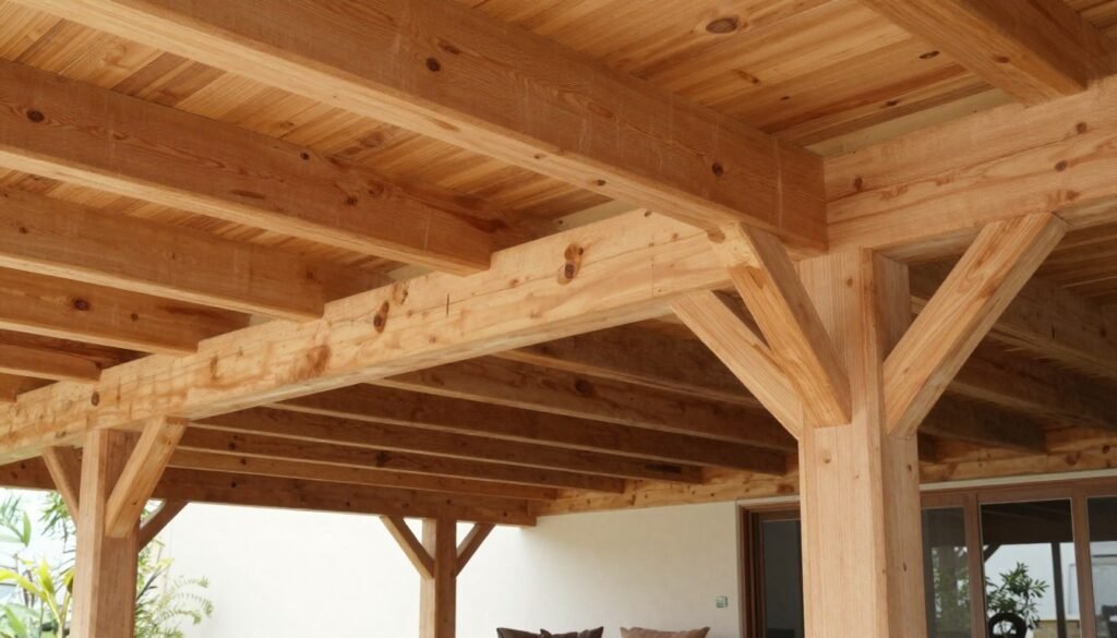 Timber frame patio cover with exposed beams and natural wood texture