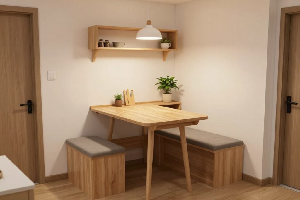 Tiny apartment corner dining nook with space-saving features