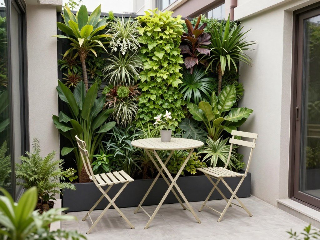 Tiny back patio with vertical garden and folding furniture Tiny back patio with vertical garden and folding furniture