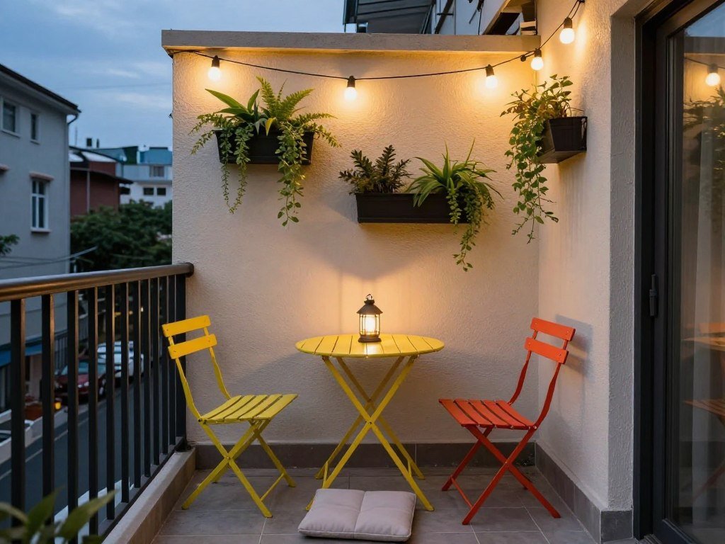 Tiny balcony patio with folding furniture, vertical planters, and string lights creating a cozy atmosphere