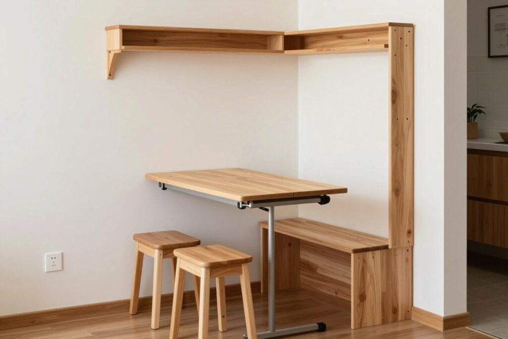 Tiny dining nook solutions including wall-mounted folding table, nesting stools, multi-purpose furniture, and vertical storage in a compact apartment setting