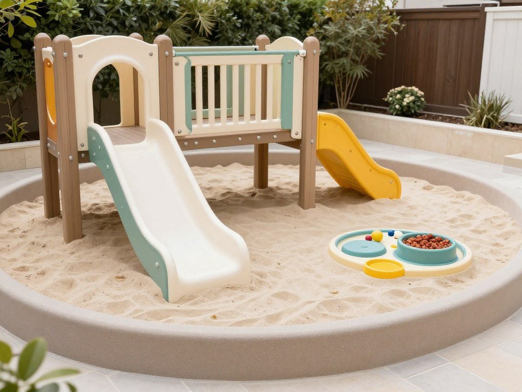 Toddler-friendly backyard play area for kids with low structures and sensory elements