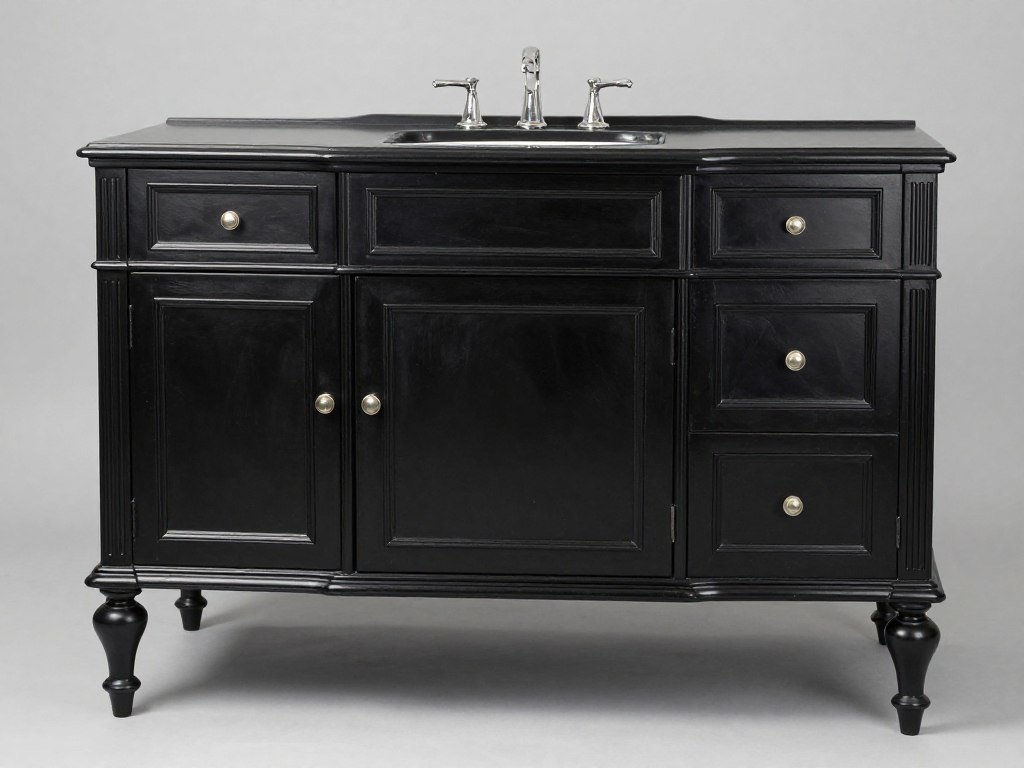 Traditional black bathroom vanity with ornate details and classic hardware Traditional black bathroom vanity with ornate details and classic hardware