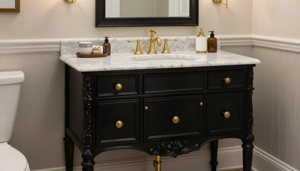 Traditional black bathroom vanity with ornate details and marble top Traditional black bathroom vanity with ornate details and marble top