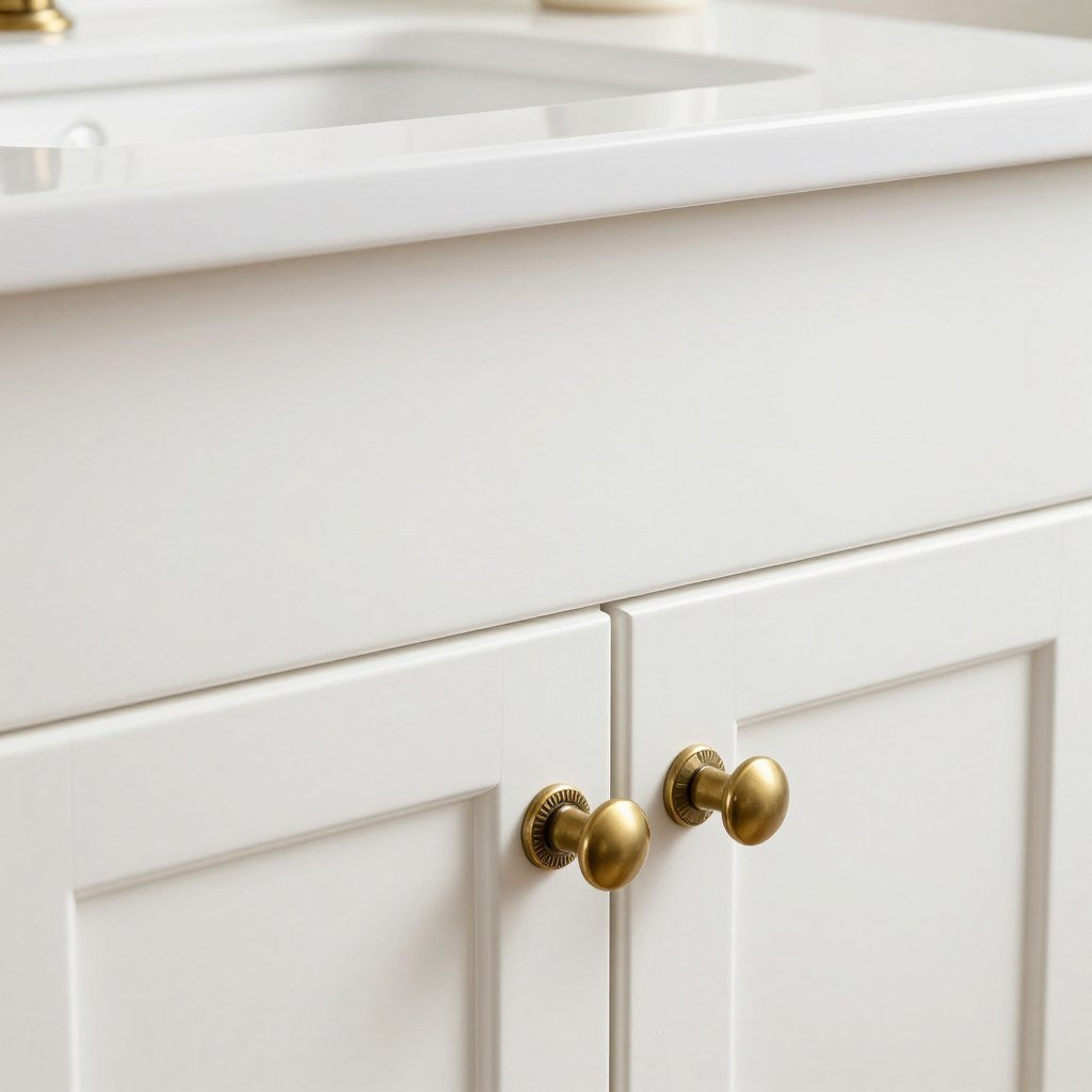 Traditional brass hardware on a white bathroom vanity