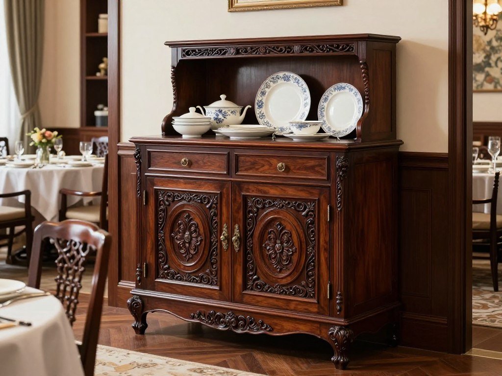 Traditional buffet dining room cabinet with ornate details and rich wood finish Traditional buffet dining room cabinet with ornate details and rich wood finish