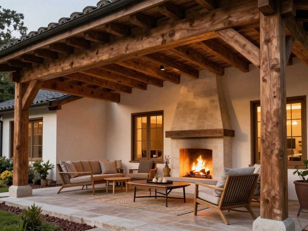 Traditional covered patio with wooden beams and outdoor fireplace