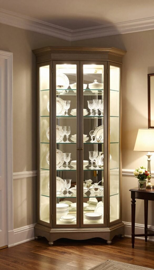 Traditional dining room corner with china cabinet displaying formal dishware