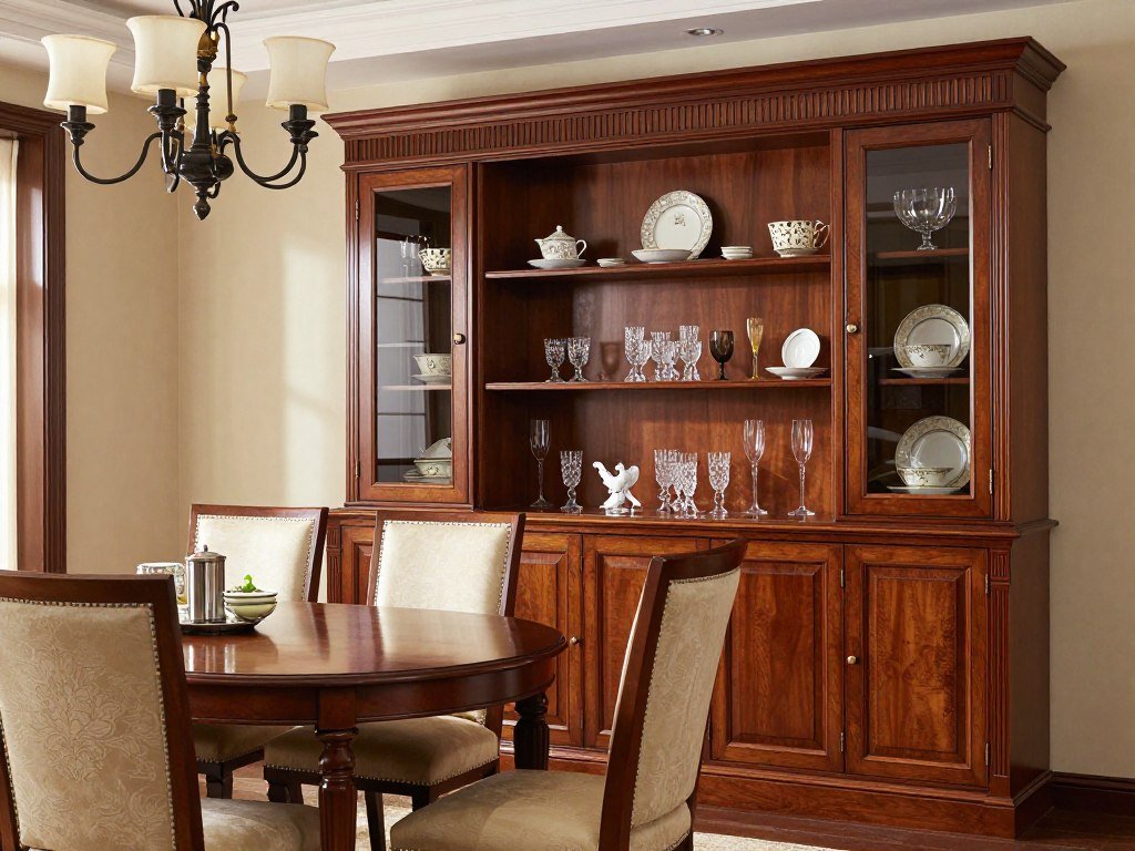 Traditional dining room with an elegant cherry wood storage wall featuring crown molding, glass doors, and formal display areas