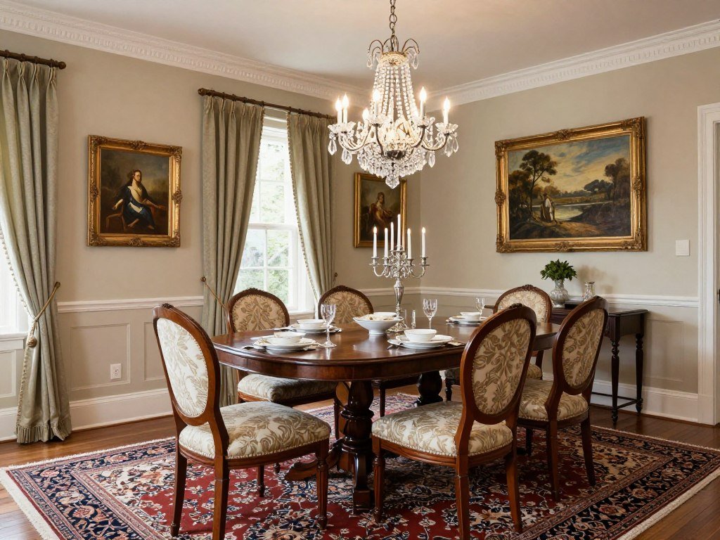Traditional dining room with wainscoting, area rug, and formal place settings
