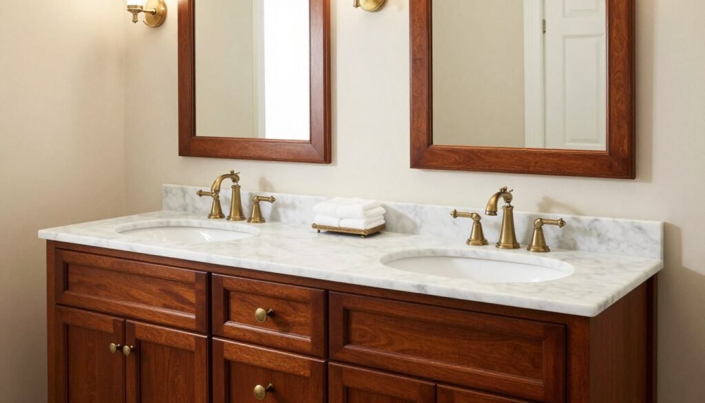 Traditional double sink bathroom vanity with marble countertop and matching mirrors