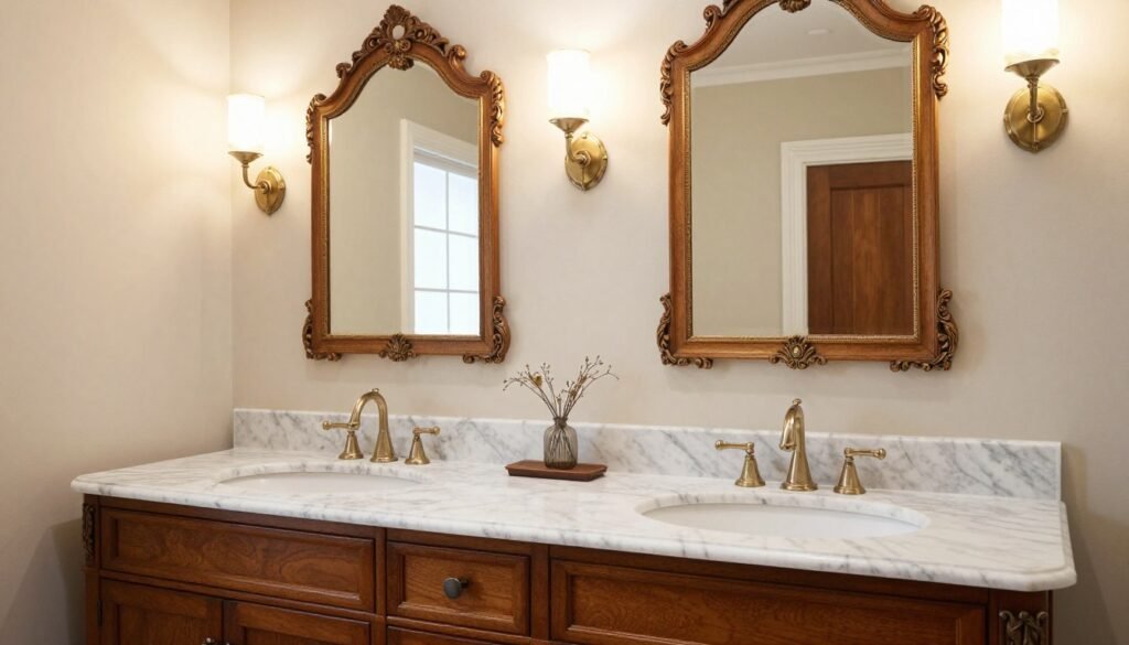 Traditional double sink bathroom vanity with ornate details