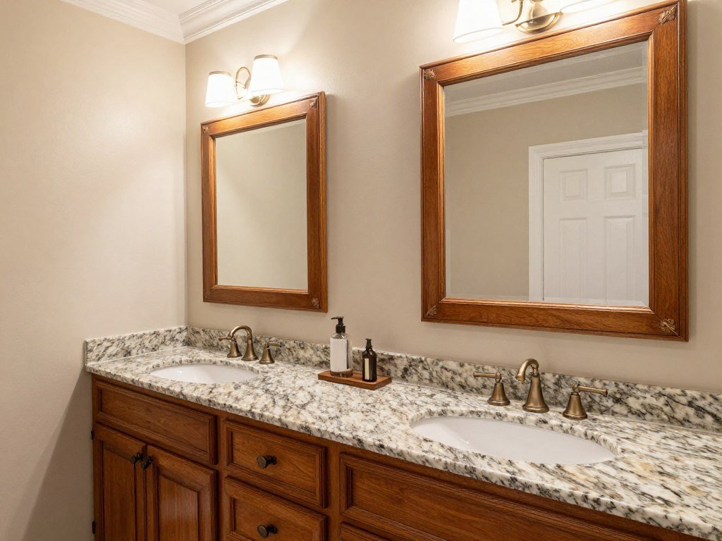 Traditional double vanity bathroom with rich wood tones and classic details