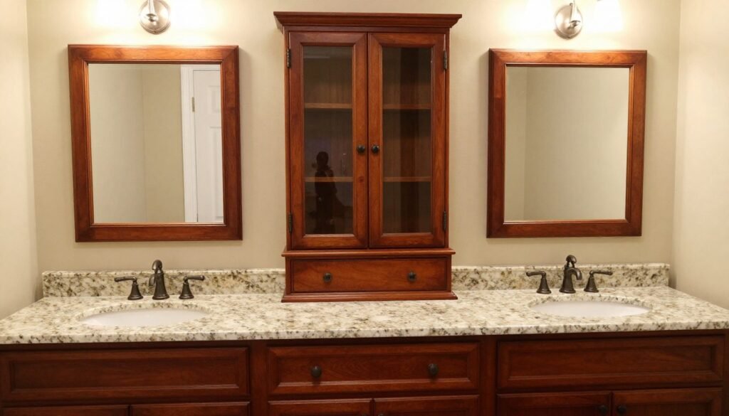 Traditional double vanity with center tower featuring symmetrical design and classic details