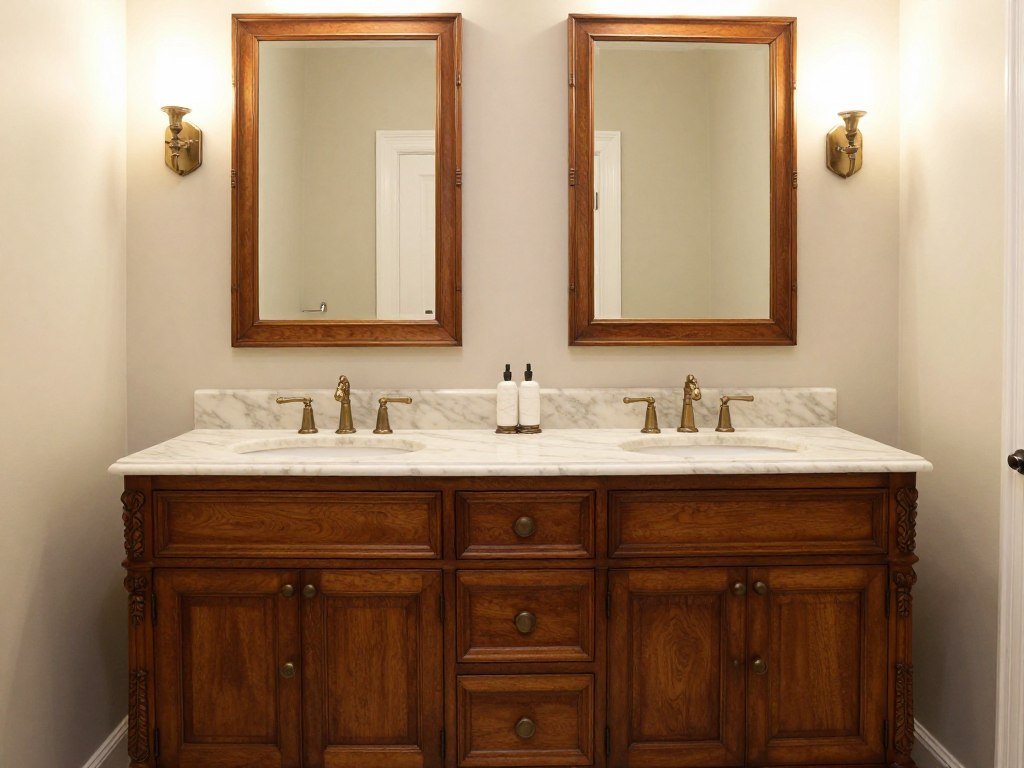 Traditional elegant master bath vanity with rich wood tones and ornate details