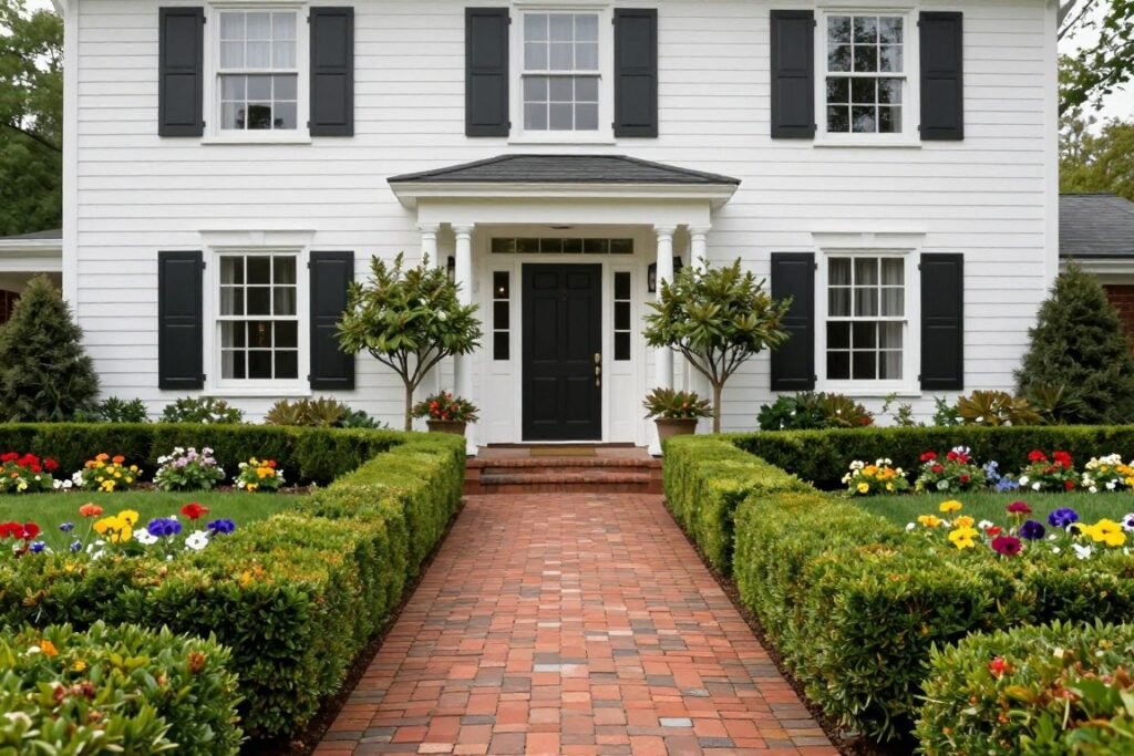 Traditional front yard landscape with symmetrical design, boxwood hedges, and formal pathway Traditional front yard landscape with symmetrical design, boxwood hedges, and formal pathway