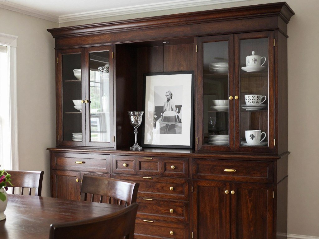 Traditional style built in buffet dining room with crown molding, dark wood finish, and brass hardware
