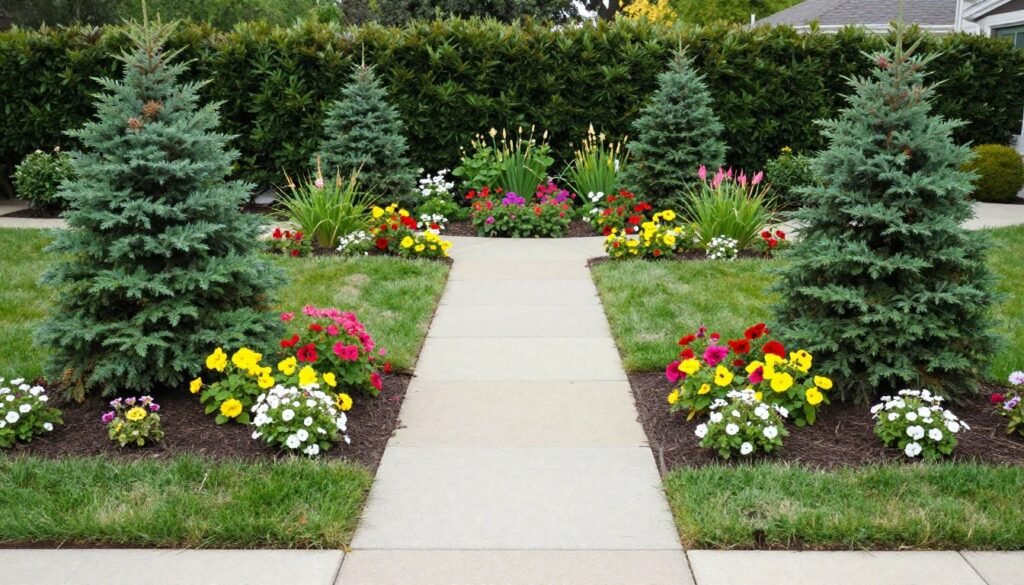 Traditional symmetrical front bed landscape with evergreens and flowering perennials showcasing front bed landscaping ideas Traditional symmetrical front bed landscape with evergreens and flowering perennials showcasing front bed landscaping ideas