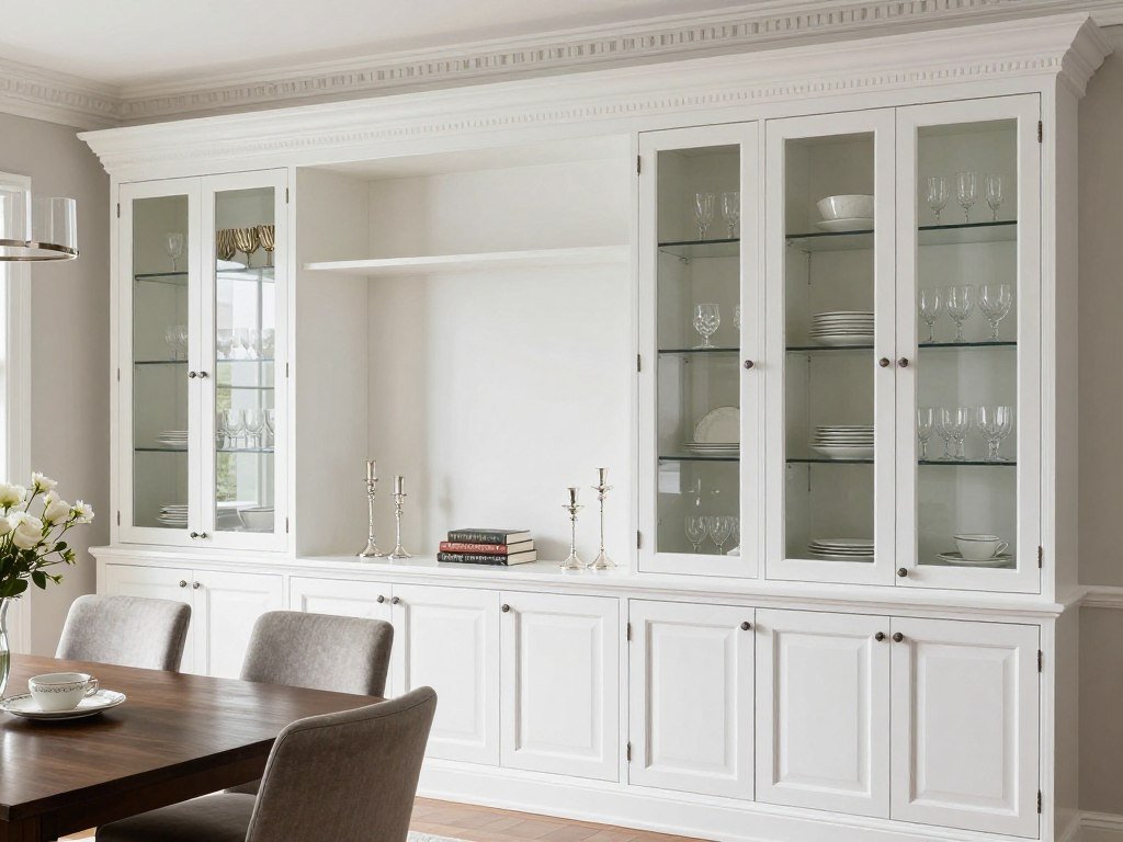 Traditional white dining room built ins with glass doors and crown molding