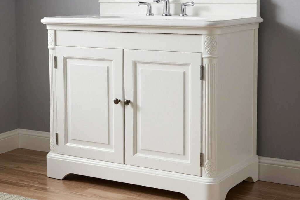 Traditional white vanity with ornate details and classic styling