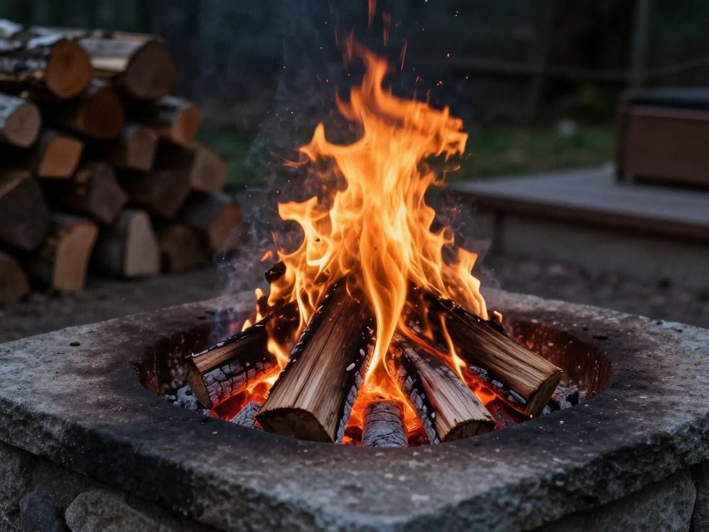 Traditional wood-burning stone fire pit with crackling flames and stacked firewood nearby