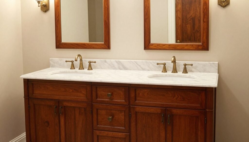Traditional wood double sink master bath vanity with marble top