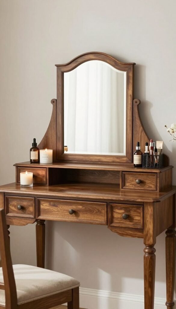 Traditional writing desk styled as a vanity with added mirror and organization