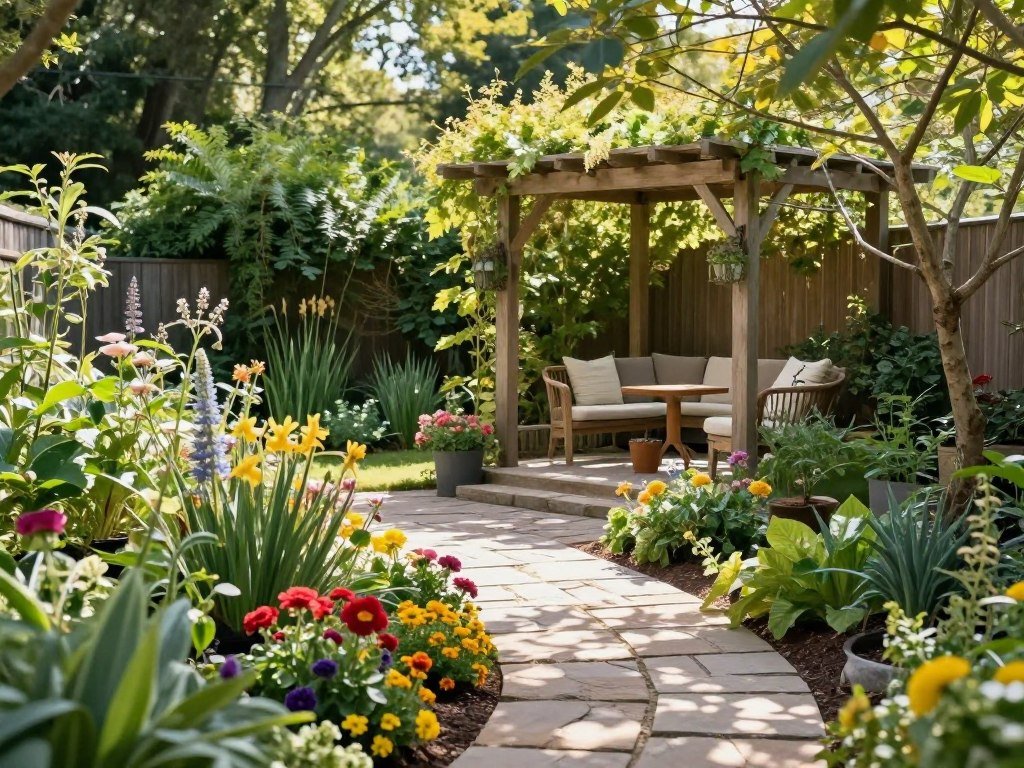 Tranquil backyard garden retreat with flowering plants, stone pathway, and comfortable seating area