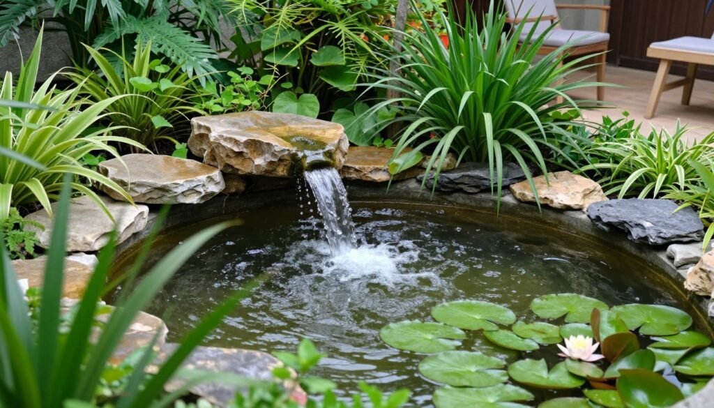 Tranquil water feature in a dream backyard setting with surrounding plants