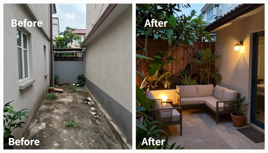 Transformation of narrow side yard into cozy patio lounge area